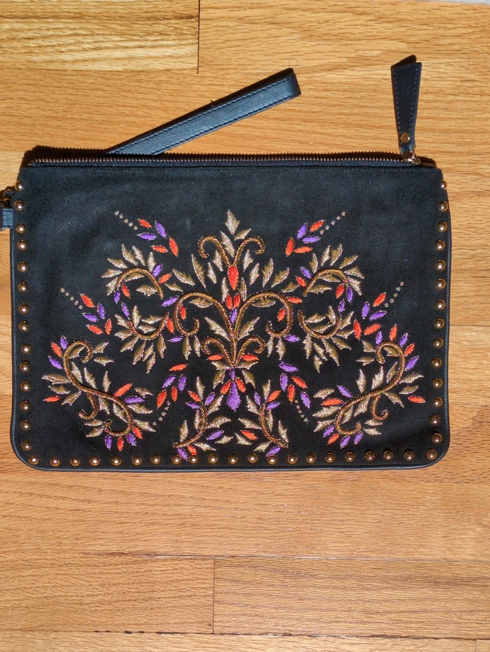 Embroidered metallic thread suede and leather Clutch